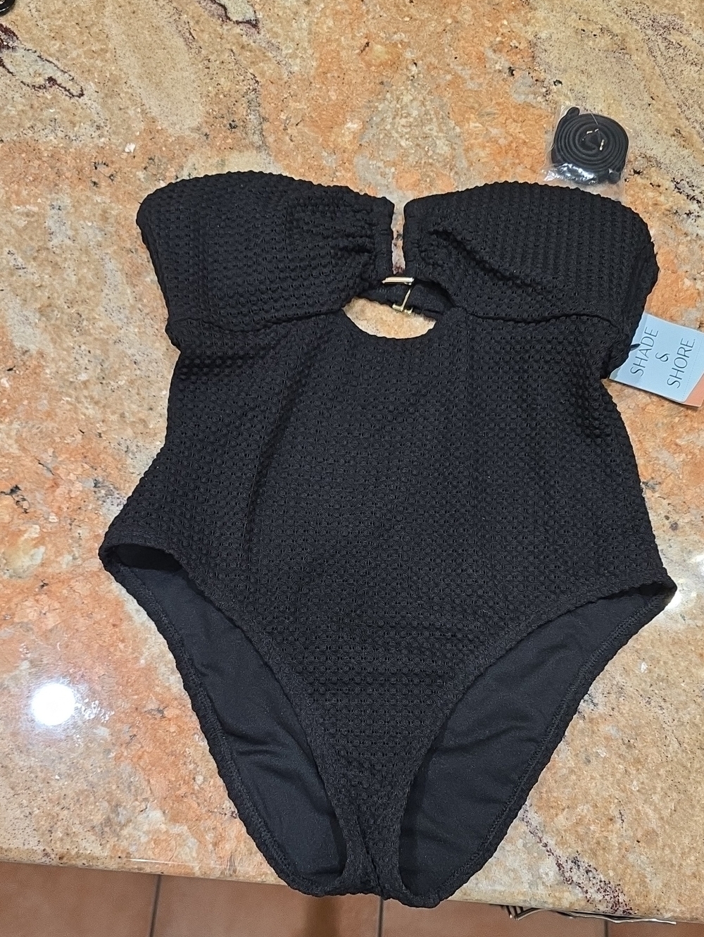 Shade & Shore Black Textured Strapless Swim Top with Gold Accent